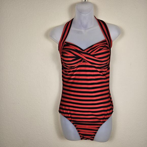 Pin-Up Halter Swimsuit Women One Piece High Back Stripe Full Coverage Nautical L - Picture 14 of 15